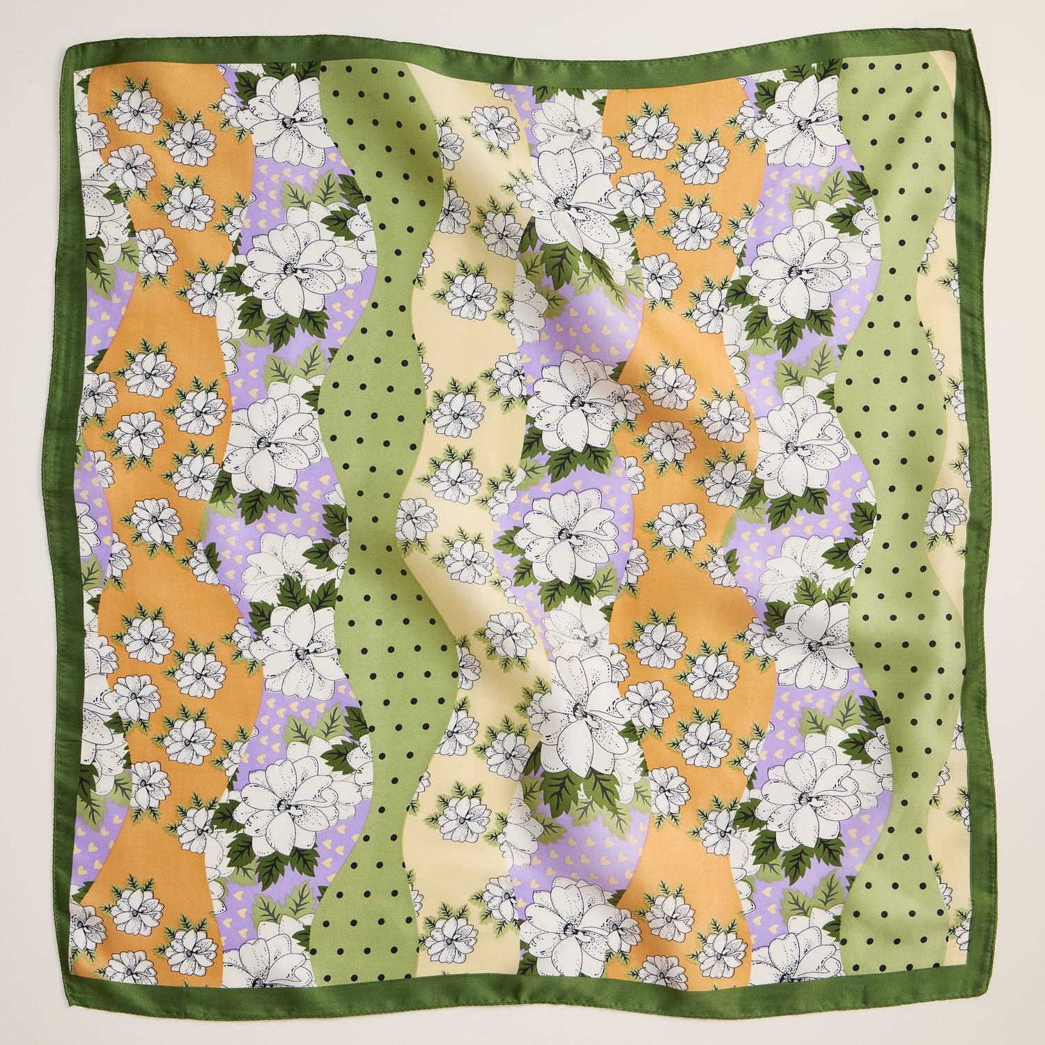 Olive Retro Floral Print Scarf – Colorful Silk-Feel Square Scarf for wholesale on Faire2