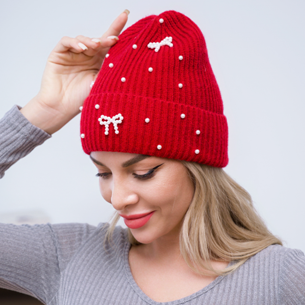 JOIA ACCESSORIES - Wholesale Beanie - Women's - PEARL BOW ACCENT KNIT BEANIE HAT, H 35080