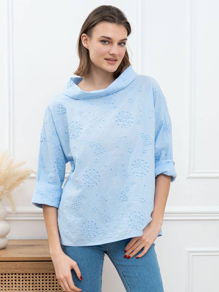Broderie Anglaise Top with Cowl Neck for wholesale by Happy look