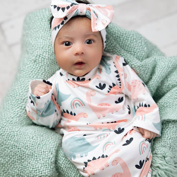 Adorable Sweetness - Wholesale Babygown - Baby - Infant Girls Pastel Dino Baby Gown and Bow Headband Set1