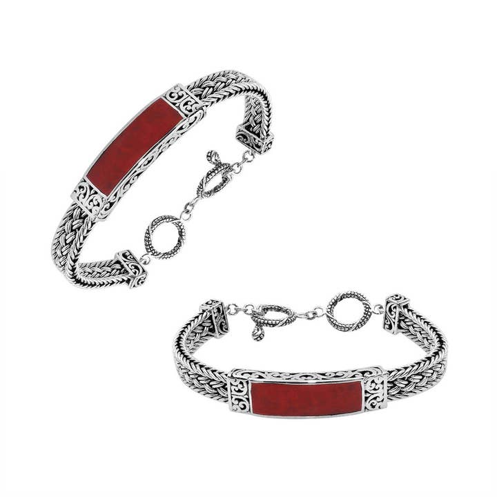 AB-1148-CR Sterling Silver Bracelet With Red Coral And Toggle Lock for wholesale by Bali Designs