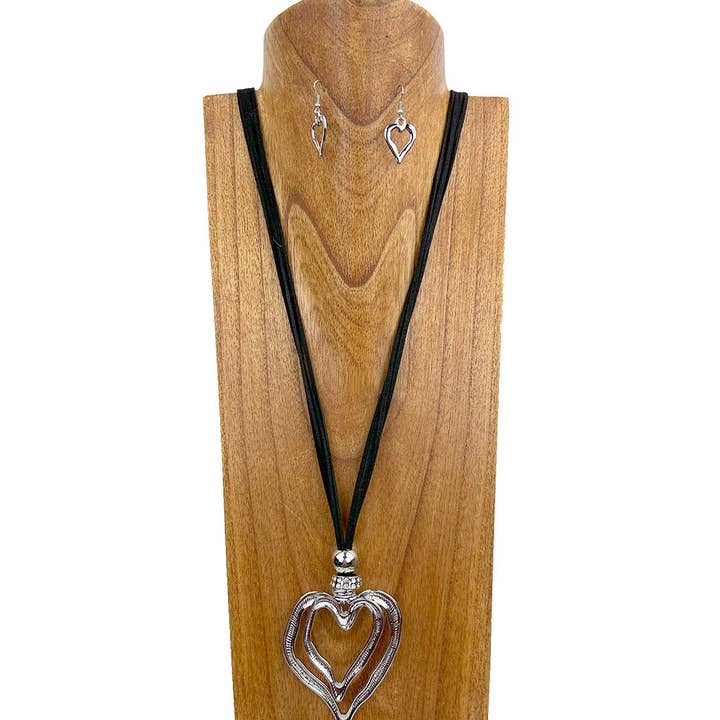 NKY241215-01 30 Inches black string with silver metal heart pendent Necklace for wholesale by Western Elite Jewelry