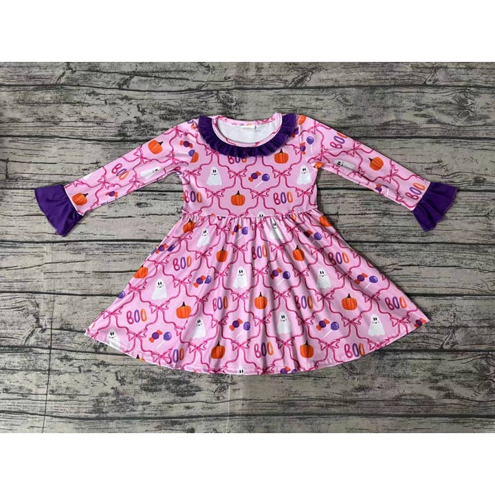 Aier Wholesale - Wholesale Dress - Kids - Baby Girls Halloween Pink Bows Ghost Knee Length Dresses1