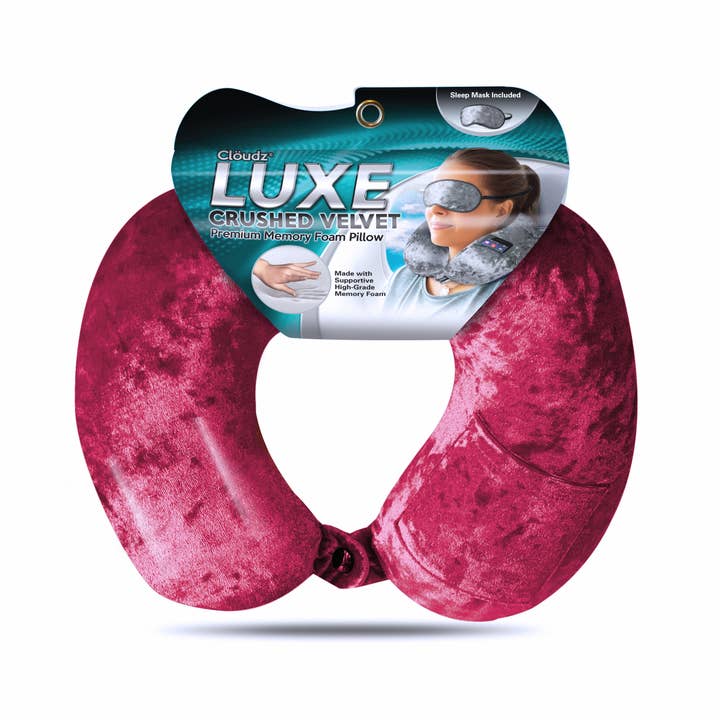 Cloudz - Wholesale Travel Pillow - Cloudz LUXE Crushed Velvet Memory Foam Travel Pillow- Red