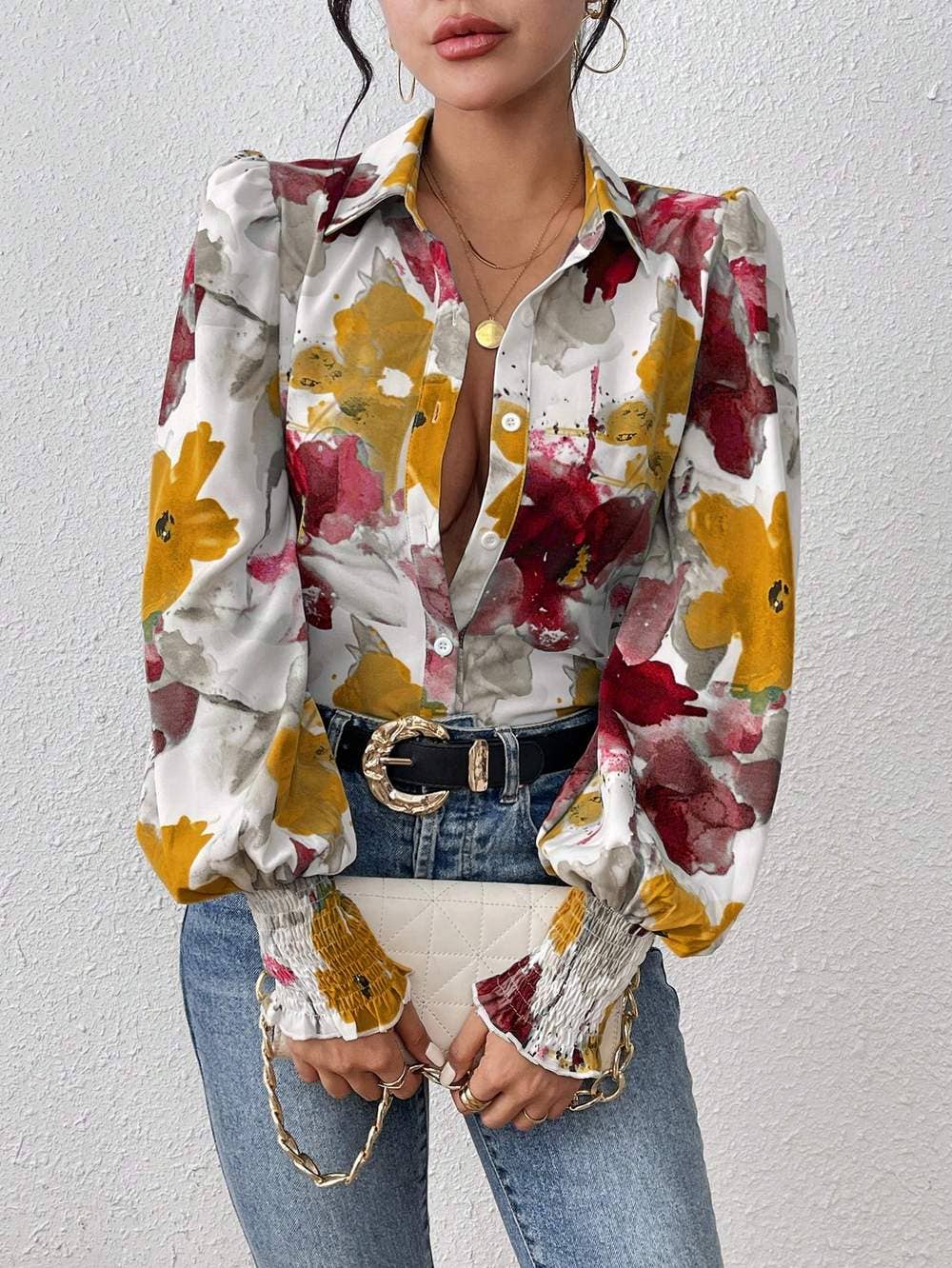 Fashion Combination - Wholesale Button Down Shirt - Women's - priv floral print lantern sleeve shirt11