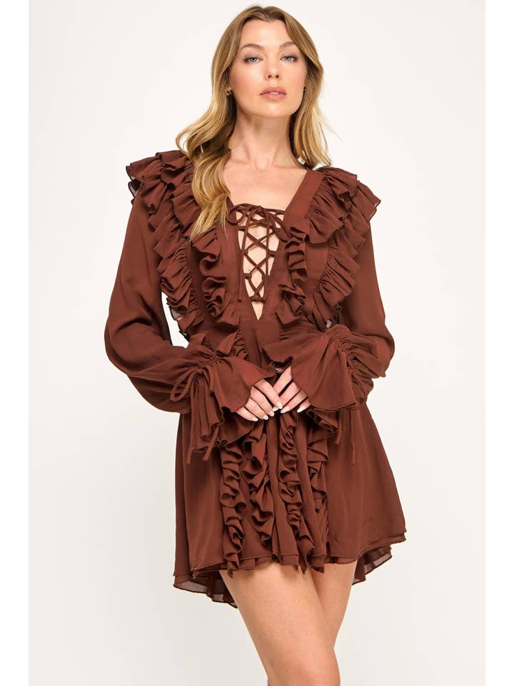 Vestis M - Wholesale Dress - Women's - Echo Ruffle Chiffon Mini Dress - V neck Lace Up8