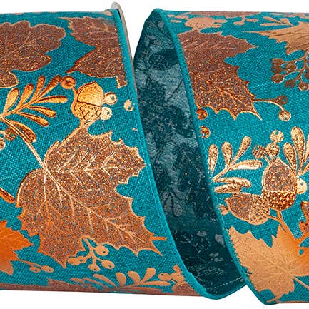 Leaf Raised Metallic Copper Linen Wired Edge, Teal, 4 In for wholesale by RELIANT RIBBON