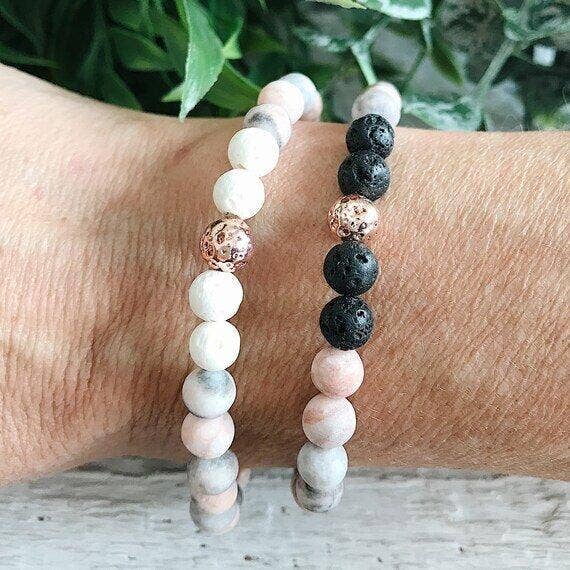 REMOVED BRAND – wholesale Pärlarmband – Rosa Zebra Jasper + Rose Gold + Lava Rock bead armband