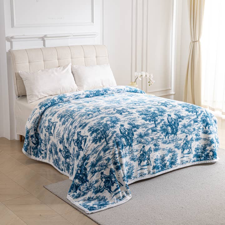 Sunshine Home Textile - Wholesale Bedding Blanket - Blue Toile Cowboys Print King Size Super Soft Plush Blanket