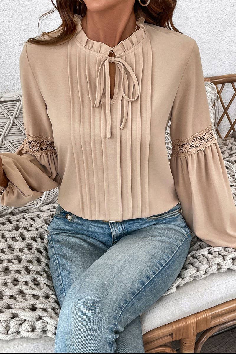 KHAKI CWTBLL3704_AUTUMN SOLID COLOR CASUAL V-NECK TEMPERAMENT SHIR for wholesale on Faire3