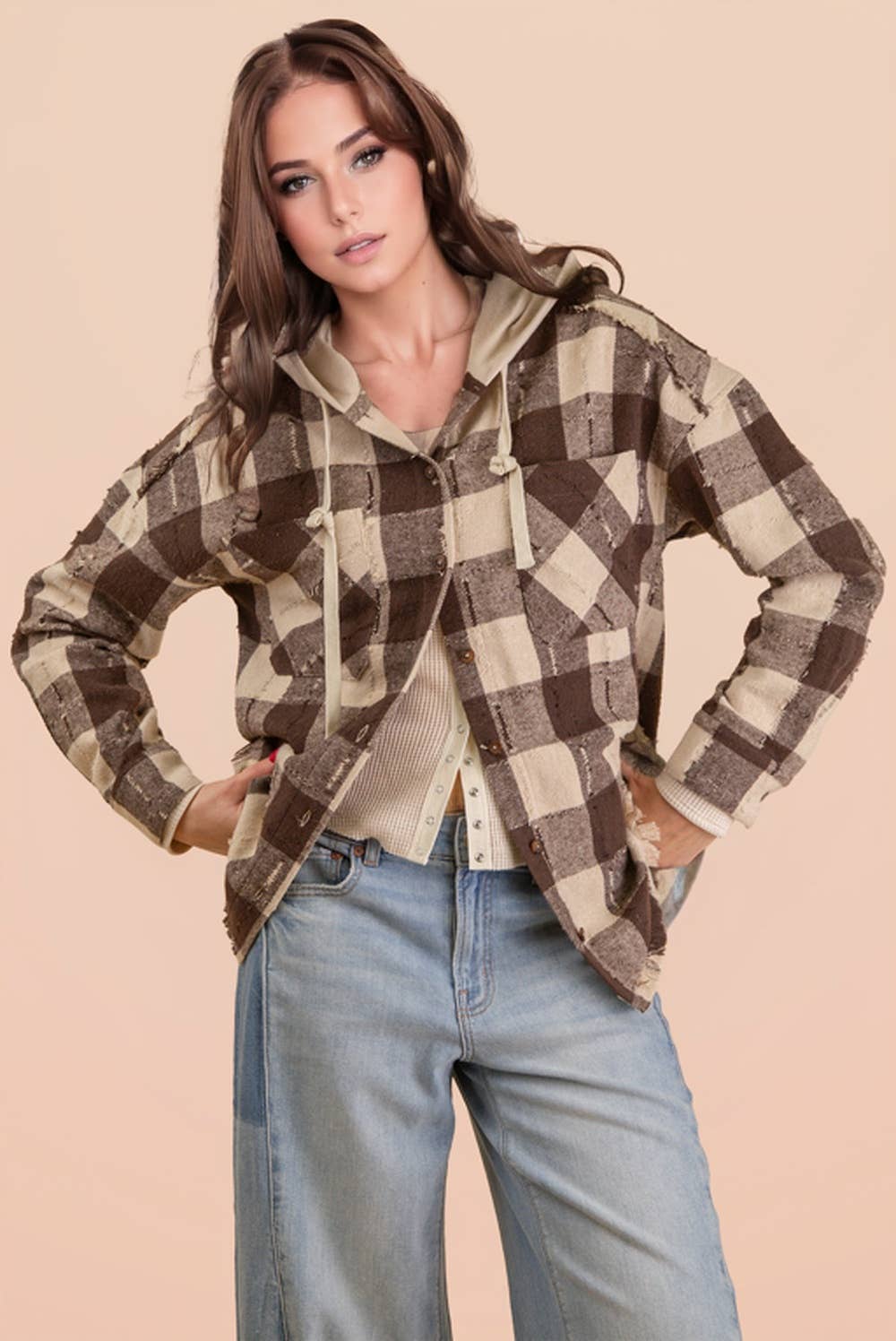 VERY J - Wholesale Jacket - Women's - NT12253-Oversized Flannel Hooded Button Down Jacket10