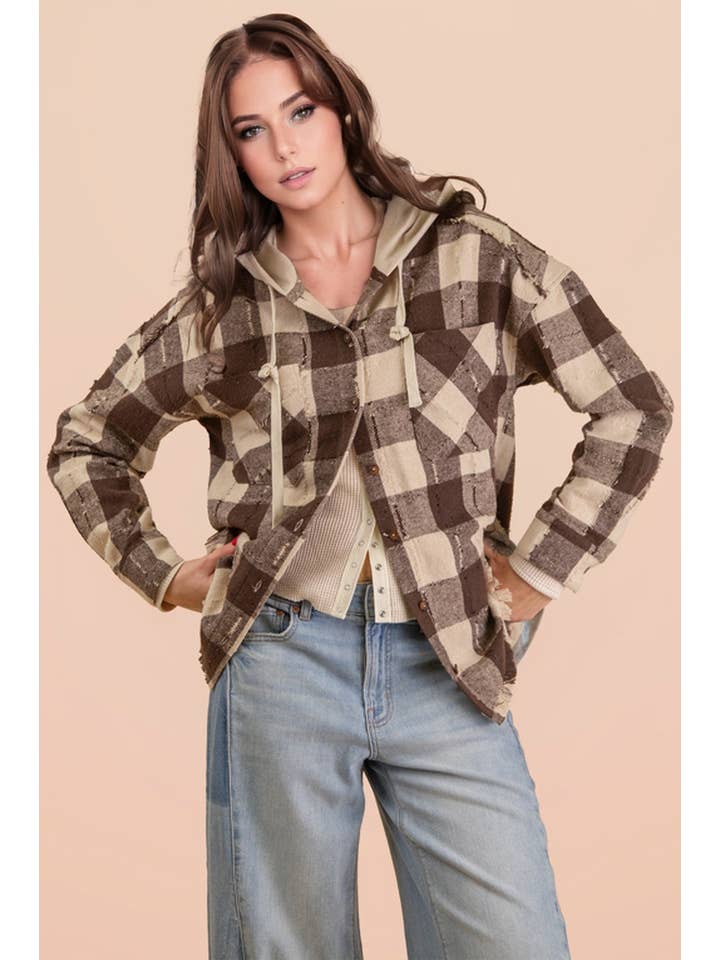 VERY J - Wholesale Jacket - Women's - NT12253-Oversized Flannel Hooded Button Down Jacket10