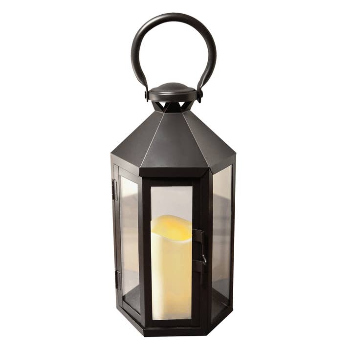 LumaBase - Wholesale Lantern - Metal Lantern with Battery-Operated Candle - Black Hexagon