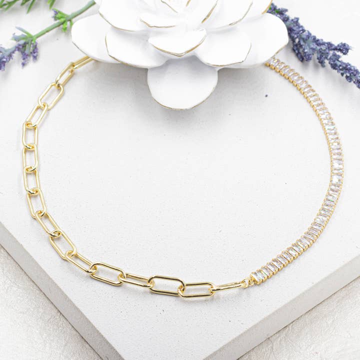 Baguette And Paper Clip Necklace & Bracelet Set for wholesale by Cherie by Cherie