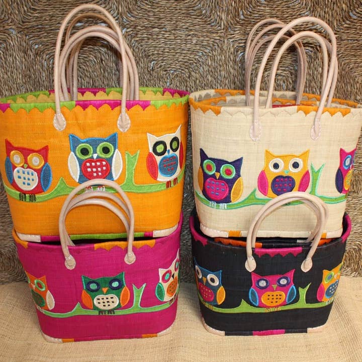 Broderet kurv UGLE Multifarvet - Indkøbstaske med lange hanke - 3 STØRRELSER - Marked, indkøb, strand... for engroshandel hos Boutique Huléti