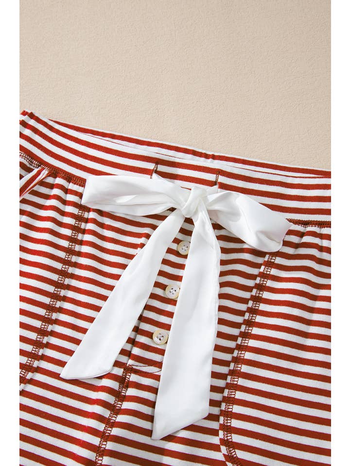Red Stripe Buttoned V Neck Top Knotted Waist Pants Lounge Set for wholesale on Faire