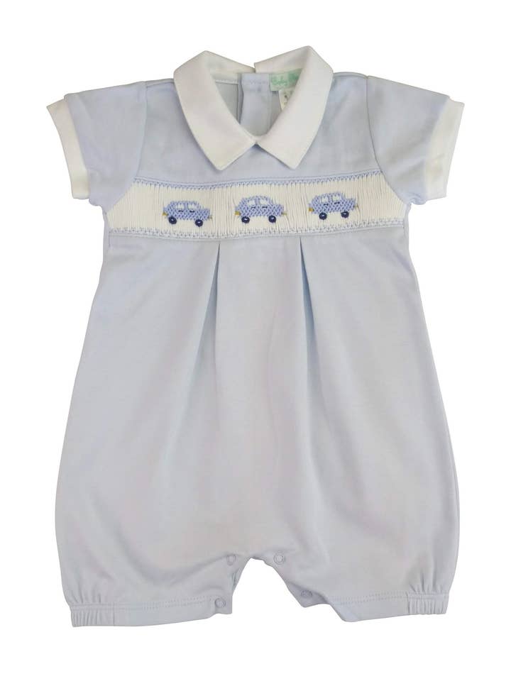 Cars Smocked Baby Boy Pima Cotton Romper for wholesale by Baby Threads