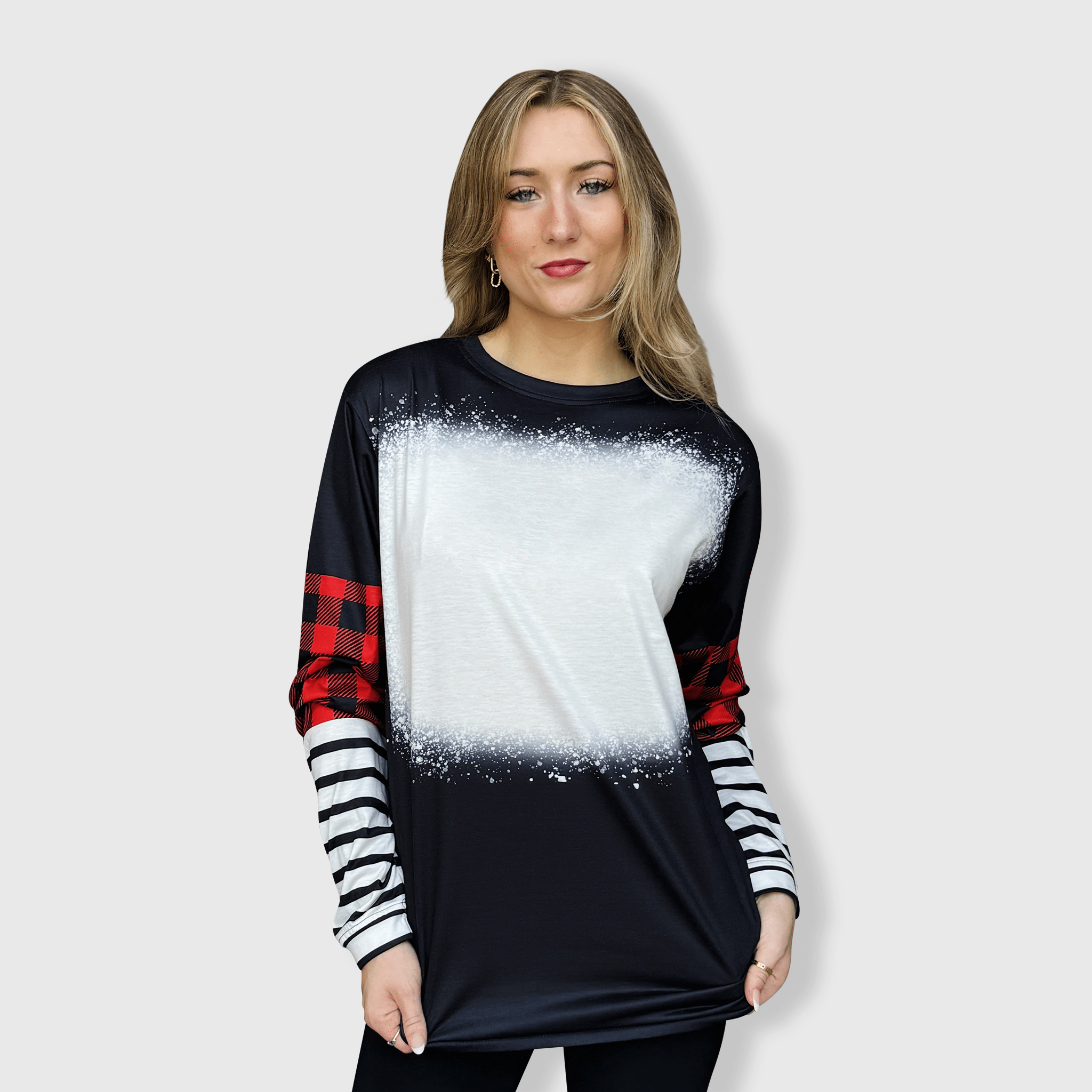 ILTEX Apparel - Wholesale Sublimation Blank T-Shirt - Women's - Black Plaid Stripe Long Sleeve Blank Top1