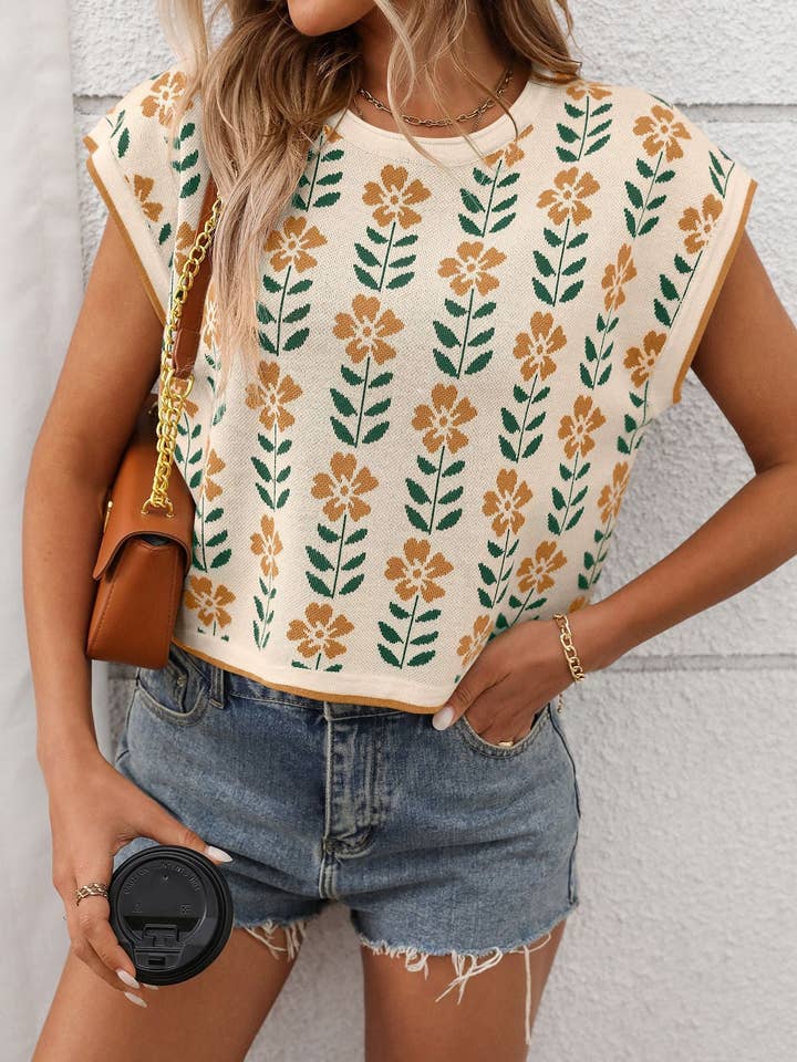 Lovesoft - Wholesale Knit Sweater - Women's - Retro Floral Knit Crop Top Short Sleeve Vintage Pullover Tee