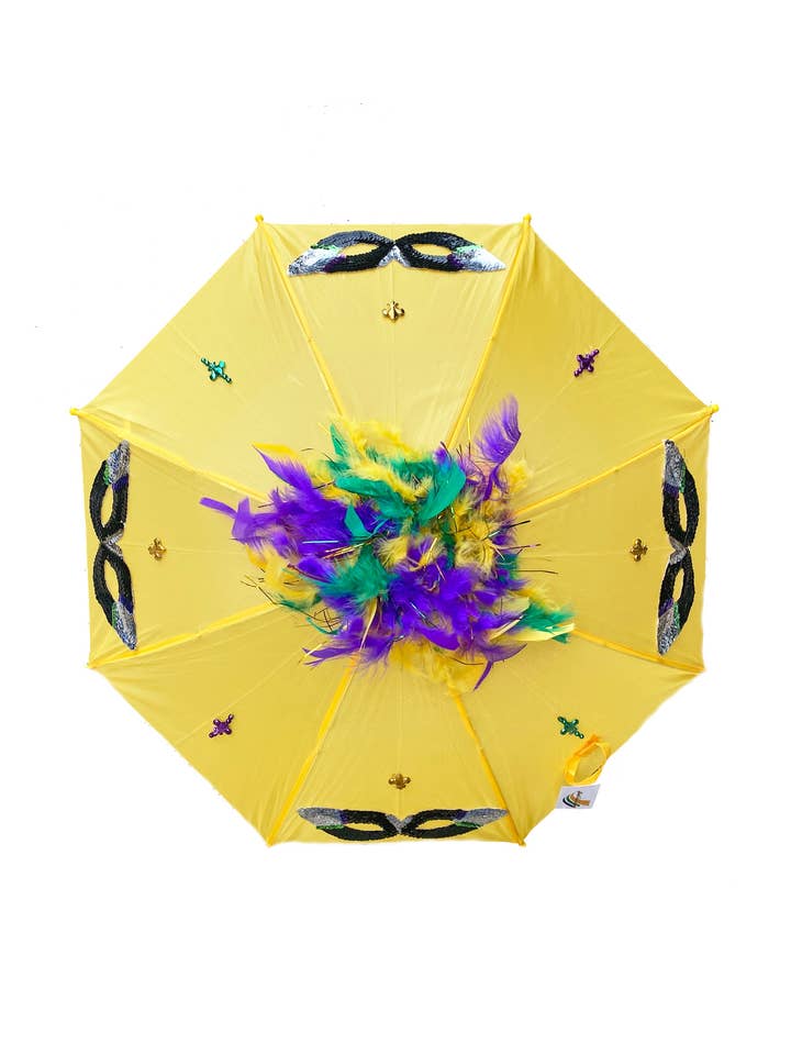 Mardi Gras Feathered Parasol with Sequin Mask Appliqués for wholesale by Mardi Gras Creations