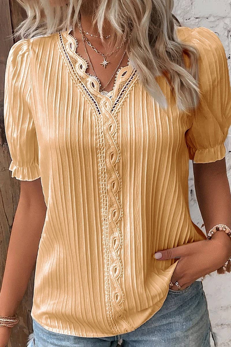 NINEXIS - Vente Chemisier – femme - CWTBLS1468_CHEMISE UNIE À MANCHES COURTES À COL EN V AJOURÉ5