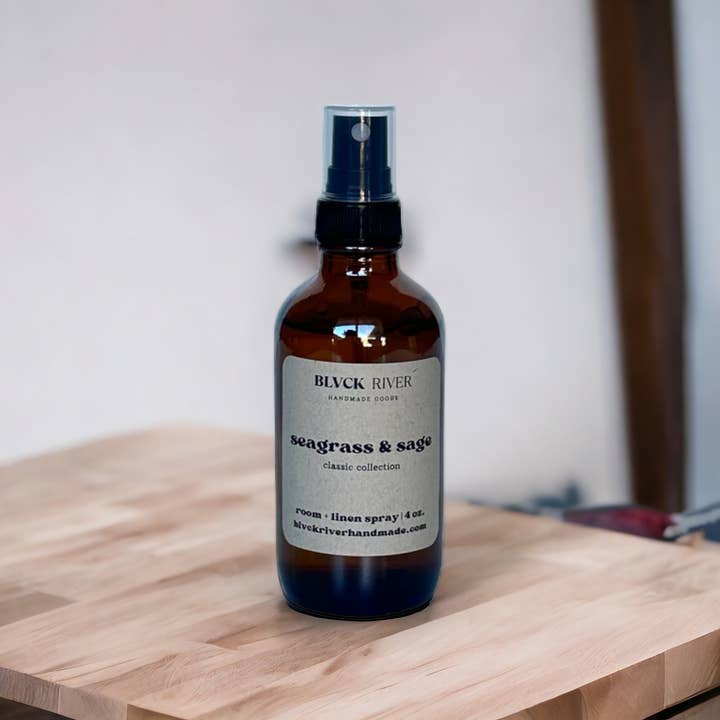 Seagrass & Sage 4 oz Room Spray - Amber Spray Bottle for wholesale by Black River Handmade Goods