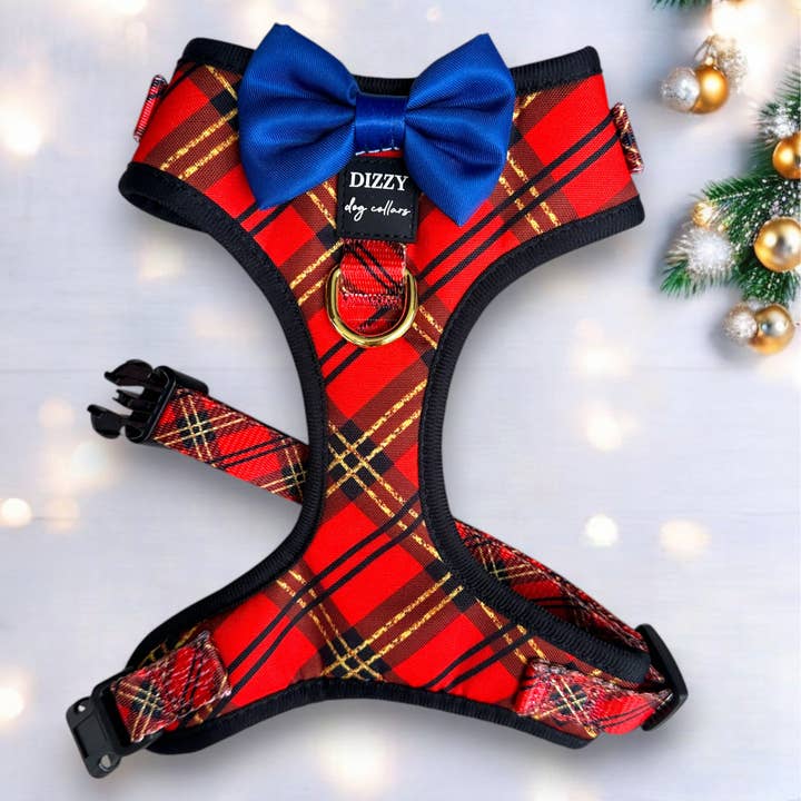 Dizzy Dog Collars - Vente Harnais – chien - HARNAIS POUR CHIEN | Carreaux Rouges et Or | Harnais Réglable avec Nœud Papillon Amovible en Option9
