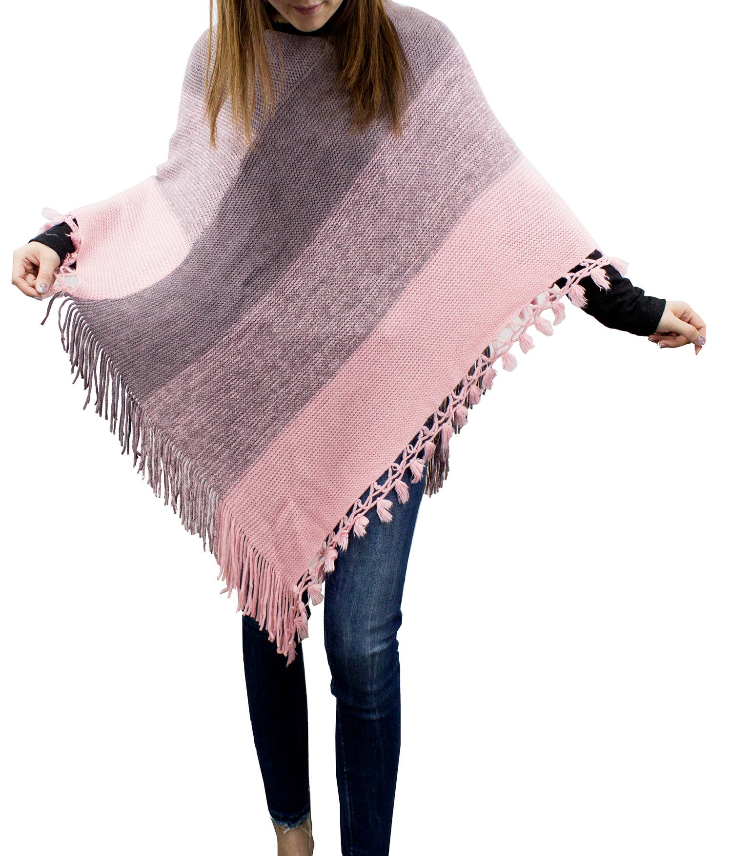Fennco Styles - Venta al por mayor Poncho - Mujer - Suéter Poncho de Bloques de Color con Flecos35