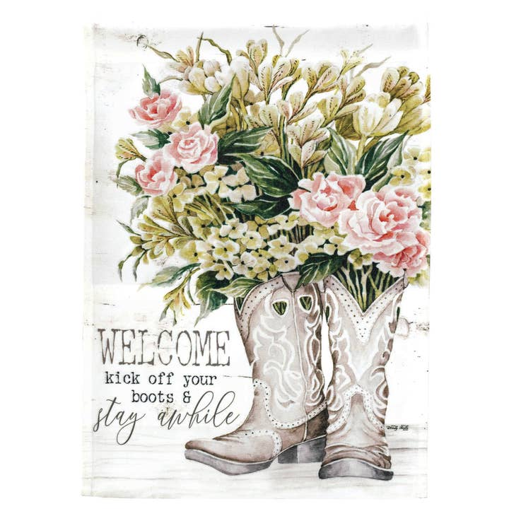 Bandera de jardín con estampado WELCOME KICK OFF YOUR BOOTS para venta al por mayor de Cottage Garden