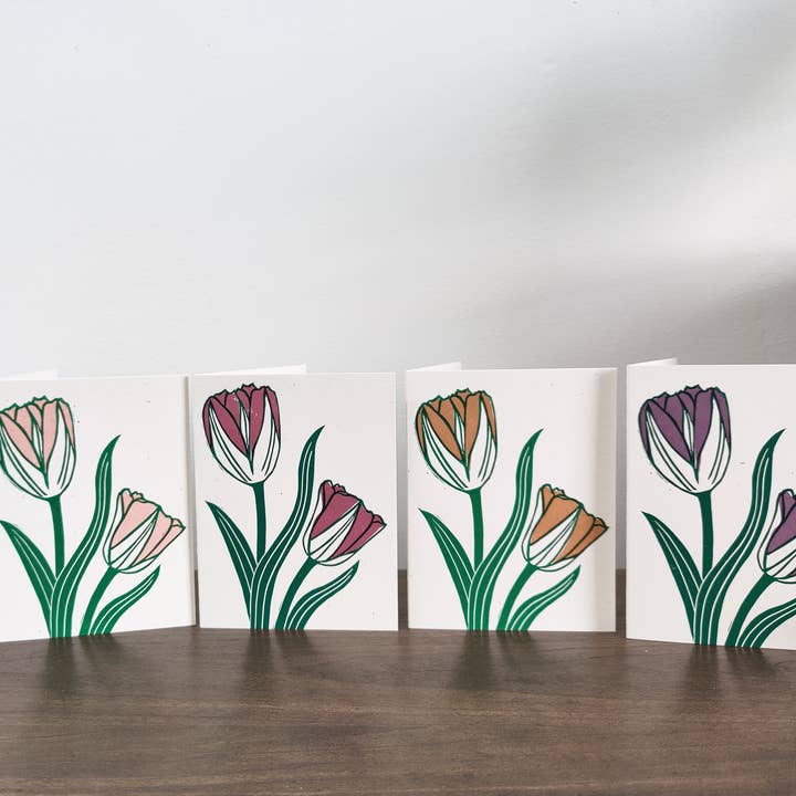 Winter Pickle Press - Wholesale Everyday Greeting Card - Handprinted linocut flowing tulips folded card2