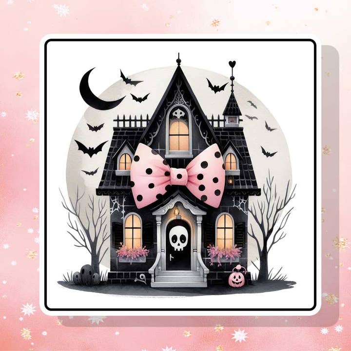 Spooky House Pink Bow Vinyl Sticker Metaphysical Intention for wholesale by London Luxury Candles