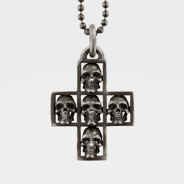 Multi Skull Cross Pendant Necklace in Sterling Silver for wholesale by Snake Bones