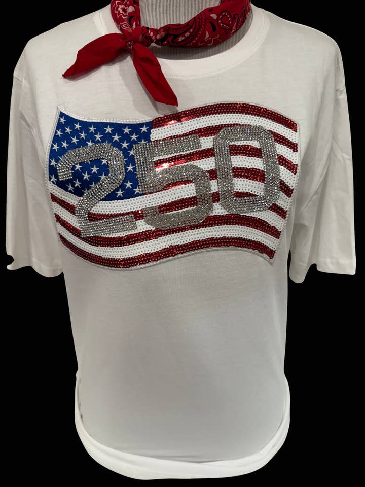 Blingy 250 & Sequin Flag on White Crew / USA / RWB for wholesale by Bling-A-GoGo, LLC