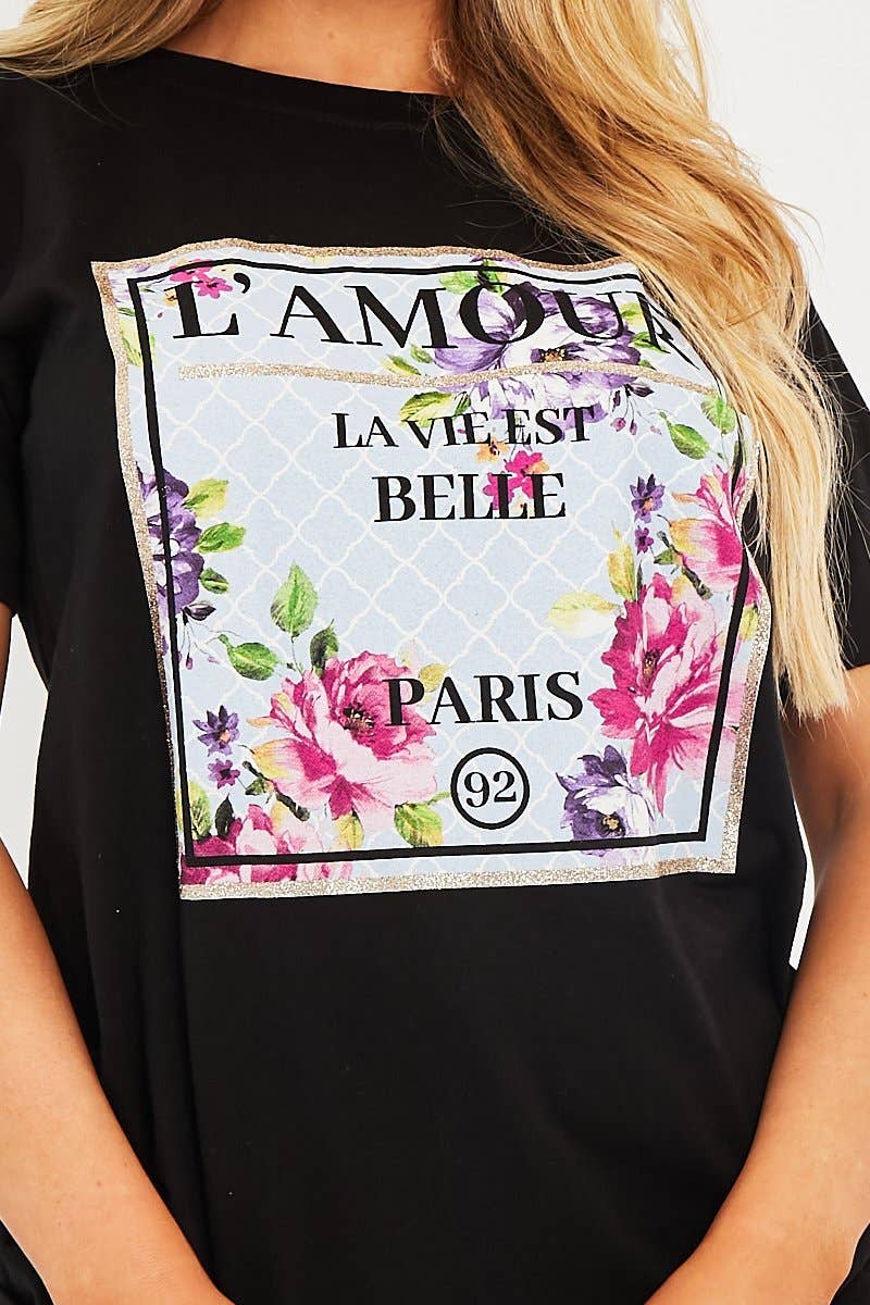 Black L'amour Slogan Graphic T-shirt - Leighna for wholesale on Faire2
