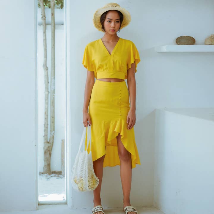 Nurode's Asymmetrical Hem Button Front Skirt in Yellow for wholesale by Robin K