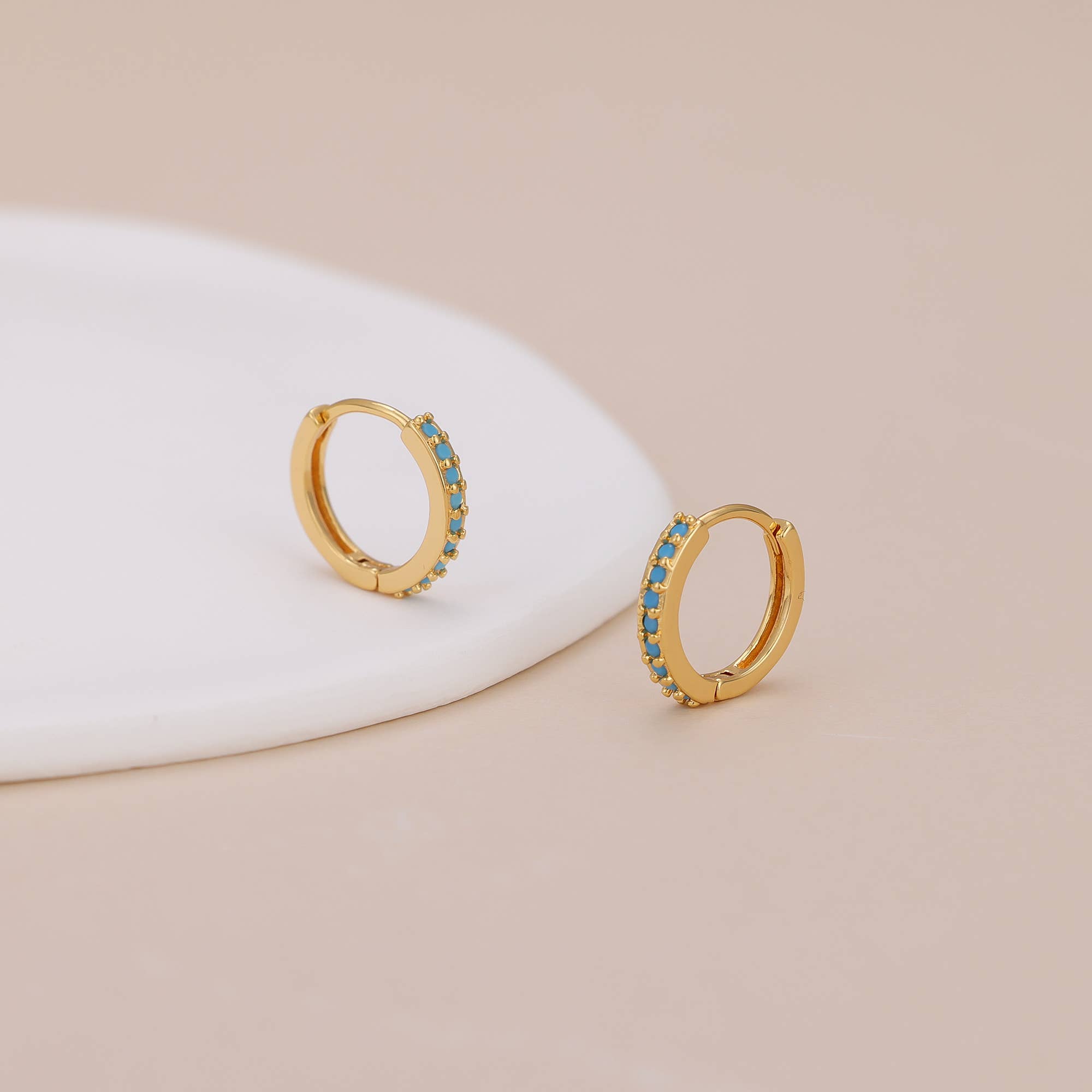 Melange Blanc - Wholesale Huggie Earrings - E138 Paved turquoise huggie hoop earrings, gold hoops1