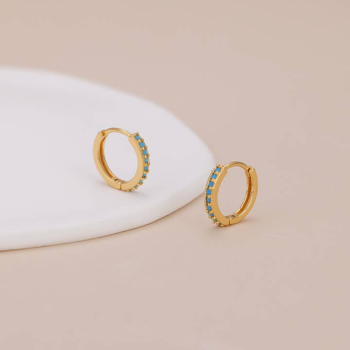 Melange Blanc - Wholesale Huggie Earrings - E138 Paved turquoise huggie hoop earrings, gold hoops1