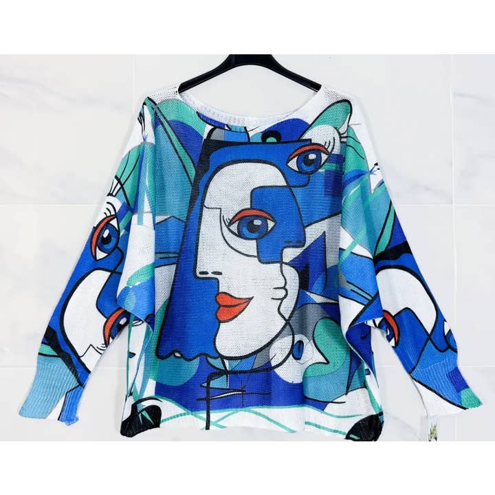 LOOWIE – Engroshandel Pullover - Dame – Z2002 Blå "Picasso“ Striktrykt sweater lange ærmer