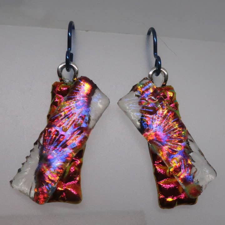 Red Crossover Dichroic Glass Niobium earrings #406 for wholesale by McCray Studios