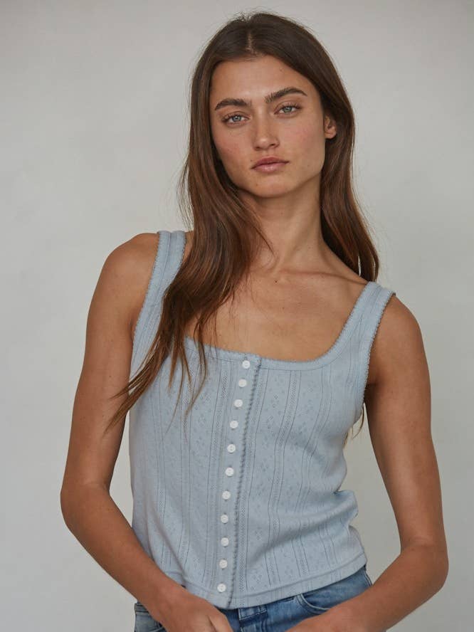 By Together - Wholesale Tank Top - Women's - L8312 | Knit Cotton Pointelle Ribbed Lace Trim Detail Tank