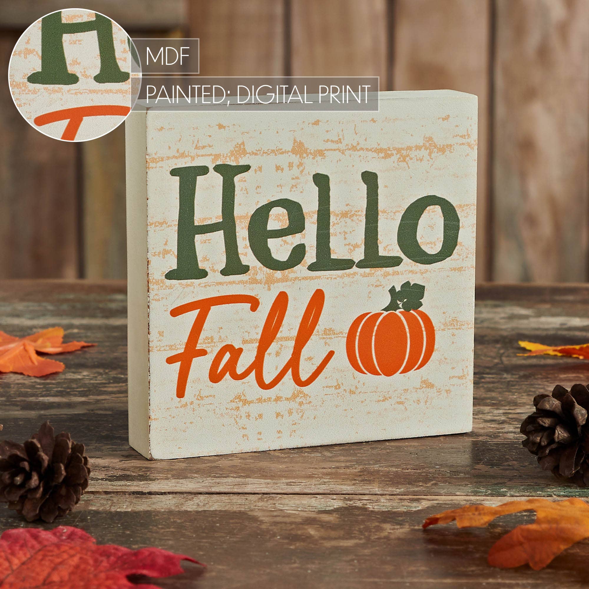 VHC Brands - Wholesale Sign - Hello Fall Pumpkin Autumn Harvest Farmhouse Rustic Cream MDF Tabletop Sign 5x5 Inch Decorative Plaque1