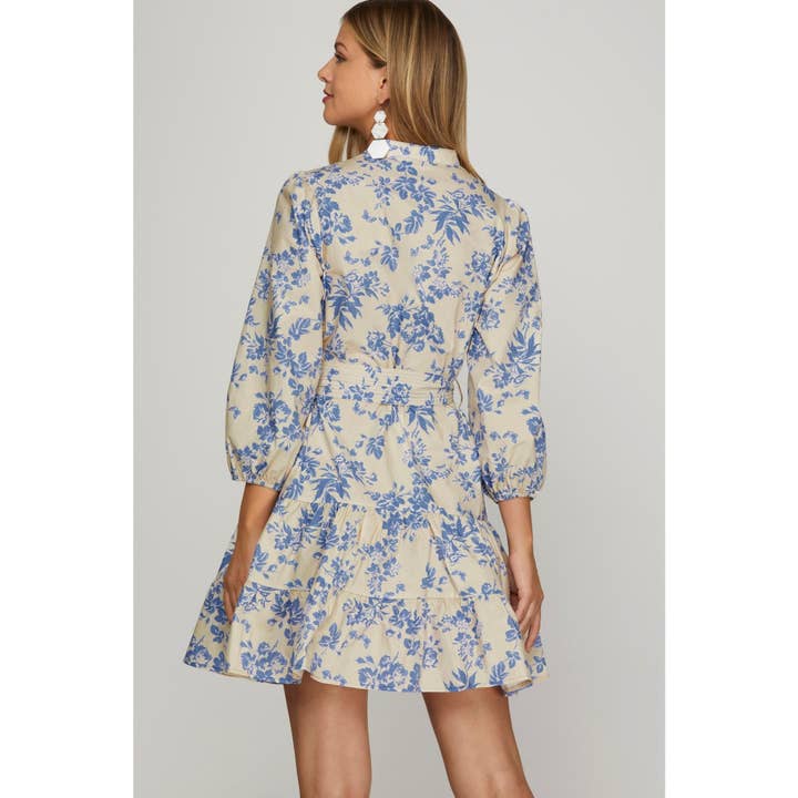 LT BLUE WOVEN FLORAL PRINT V NECK DRESS for wholesale on Faire