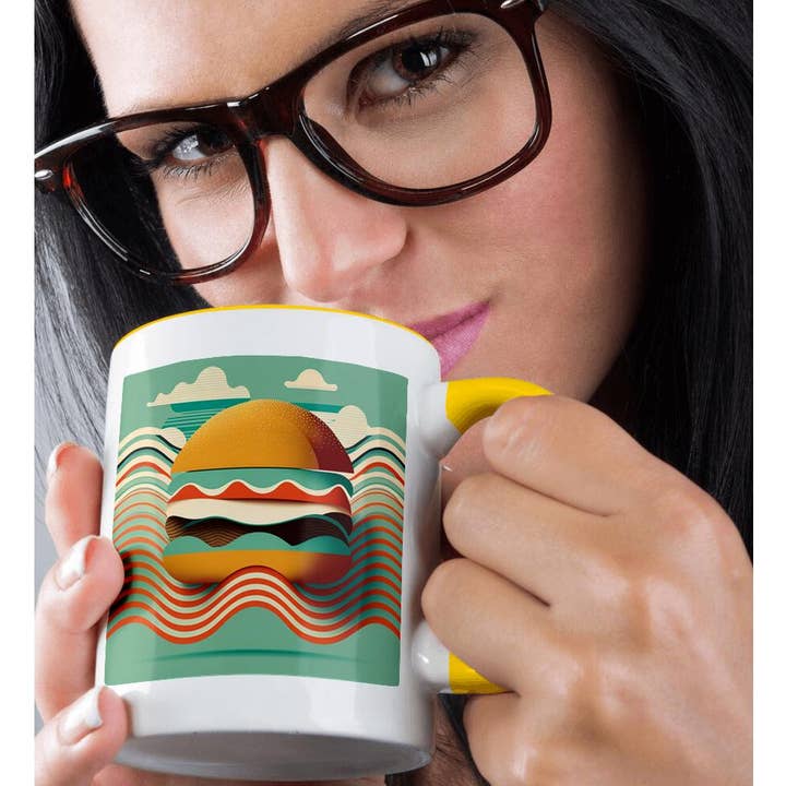 3dRose - Wholesale Coffee Mug - 3dRose, Geometric accents highlight this mid-century hamburger scene, Mug1