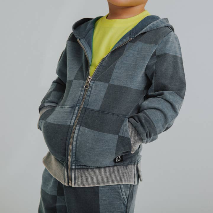 Kinder Kapuzenjacke mit Reißverschluss - Blaues Denim-Karo für den Großhandel von RAGS