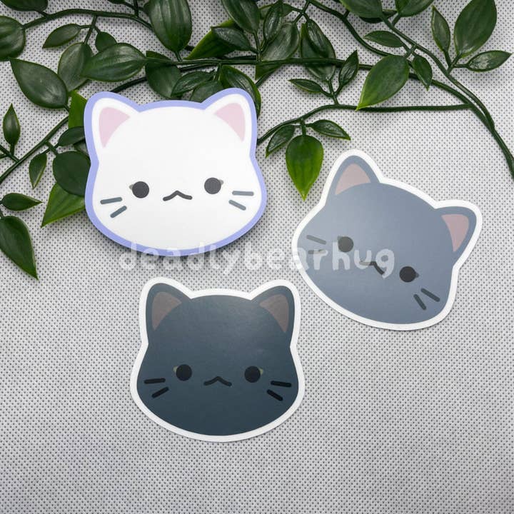 Black, Grey, White Cat Weatherproof Matte Vinyl Sticker Decal for wholesale by deadlybearhug