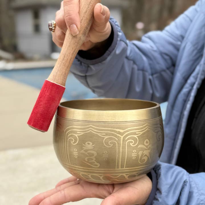Lungta Imports - Wholesale Meditation Supplies - Tibetan Pro Deep Meditation Om Mani Singing Bowl Complete Set ~ Yoga, Mindfulness, Spiritual & Chakra Healing ~