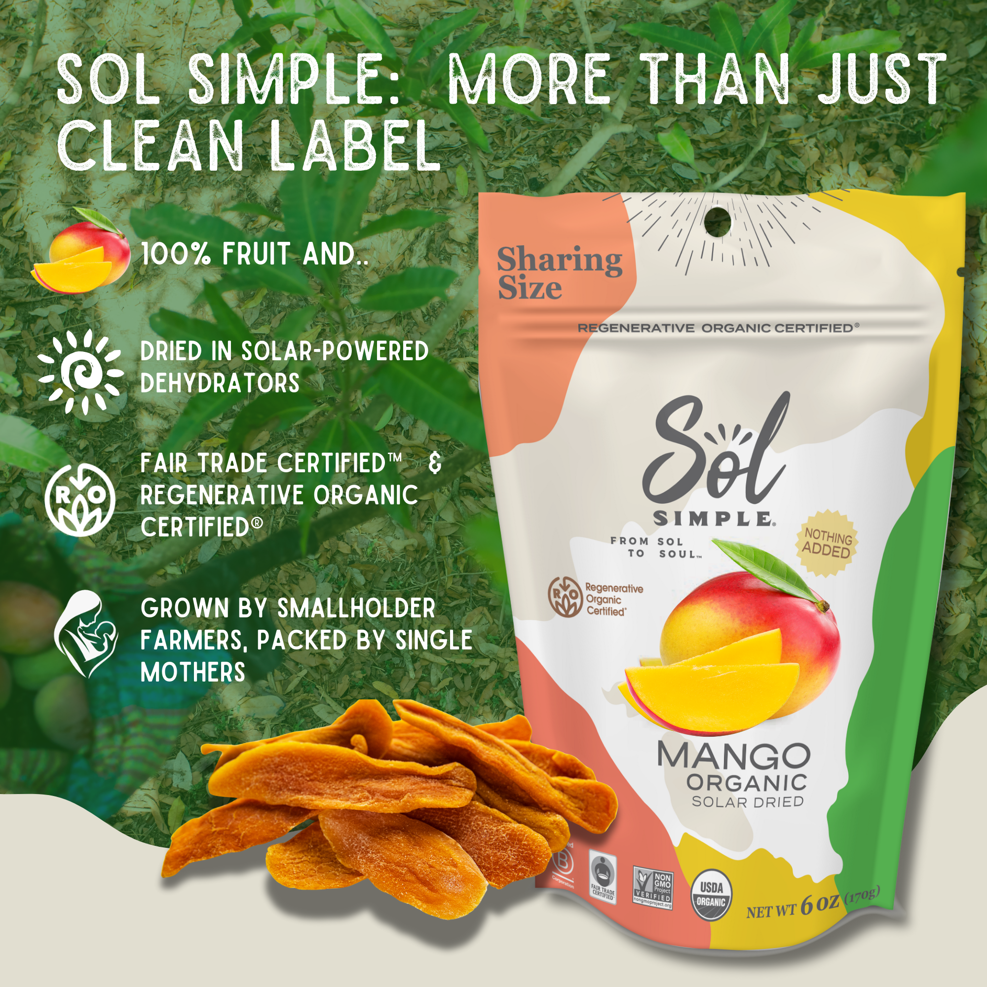 Sol Simple – wholesale Dried/dehydrated fruit – Regenerative Organic Certified Solar Dried Mango - 6oz2