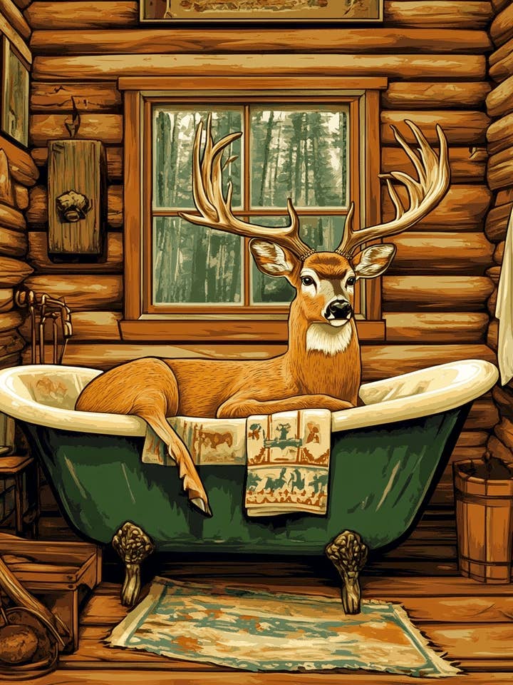 Cervo Maschio nella Vasca da Bagno - Stampe d'Arte per il Bagno – Opera d'Arte 8″x10″ per Cornice 11″x14″ per la vendita all'ingrosso da parte di Mowbi