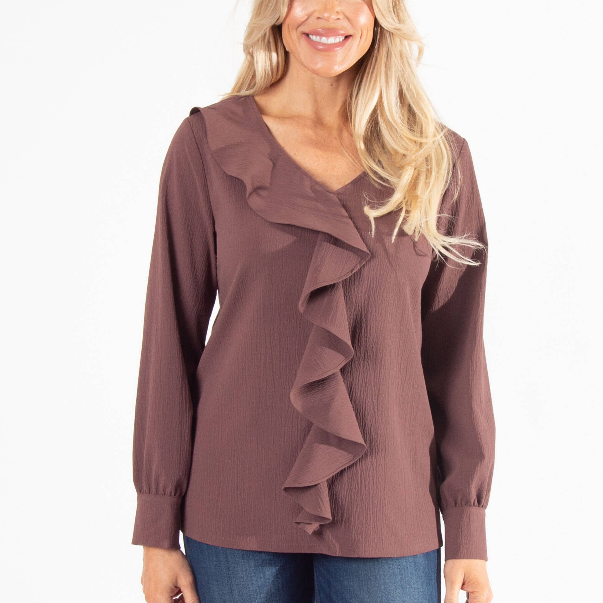 Howard's - Wholesale Blouse - Women's - Sale - Celine Asymmetrical Long Sleeve Ruffle Top8