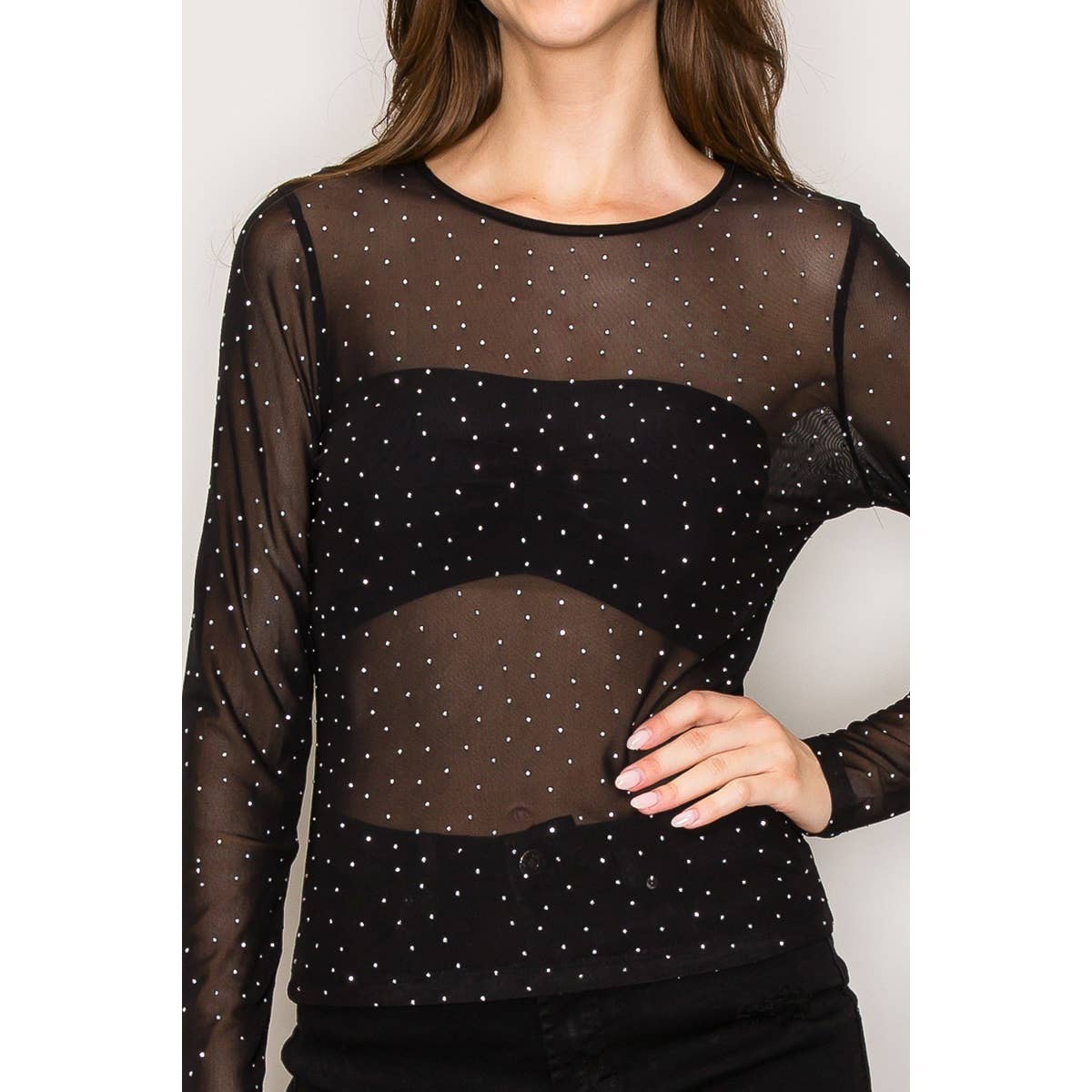 Popular 21 – wholesale Knit top – Women's – Rhinestone Embellished Mesh Long Sleeve Knit Top3